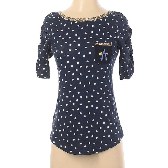 Anthropologie Postmark Letter A Navy Cotton Ruched Polka Dot Tee XS NWOT - Picture 2 of 3